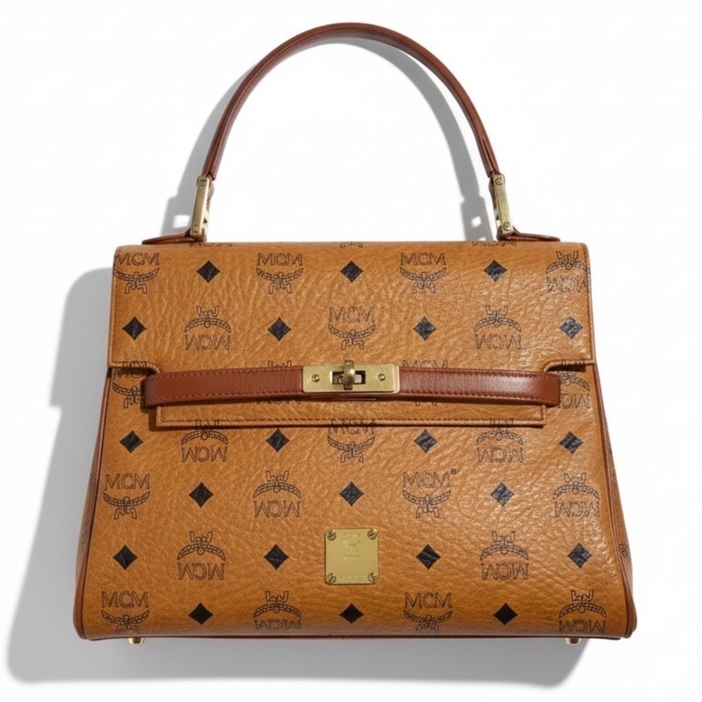 MCM  Kelley Monogram Satchel Bag Cognac Leather Top Handle